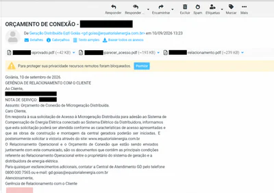 Comunicação do orçamento de conexão de um processo elaborado e acompanhado pela Mamba