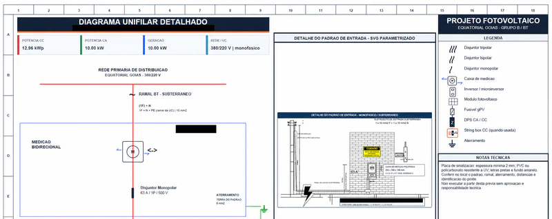 Diagrama unifilar de projeto fotovoltaico com campos de identificação tarjados.