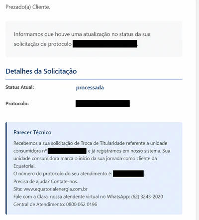 Atualização de um pedido de troca de titularidade ainda em andamento, com protocolo e unidade ocultos